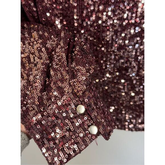 Cable and gauge Merlot rose gold sequin mock neck blouse size large  - Picture 10 of 10